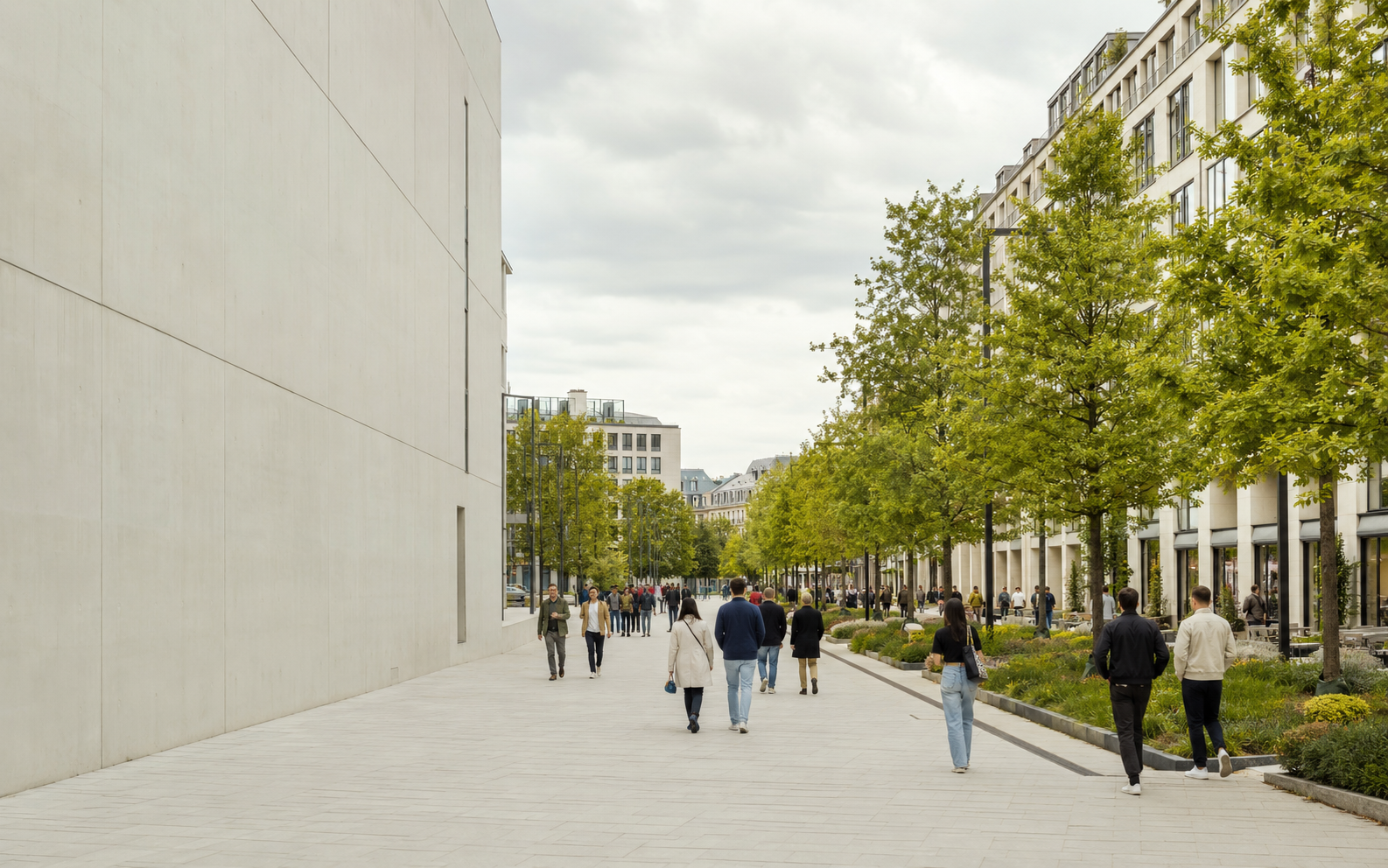 A green pedestrian route in a contemporary city